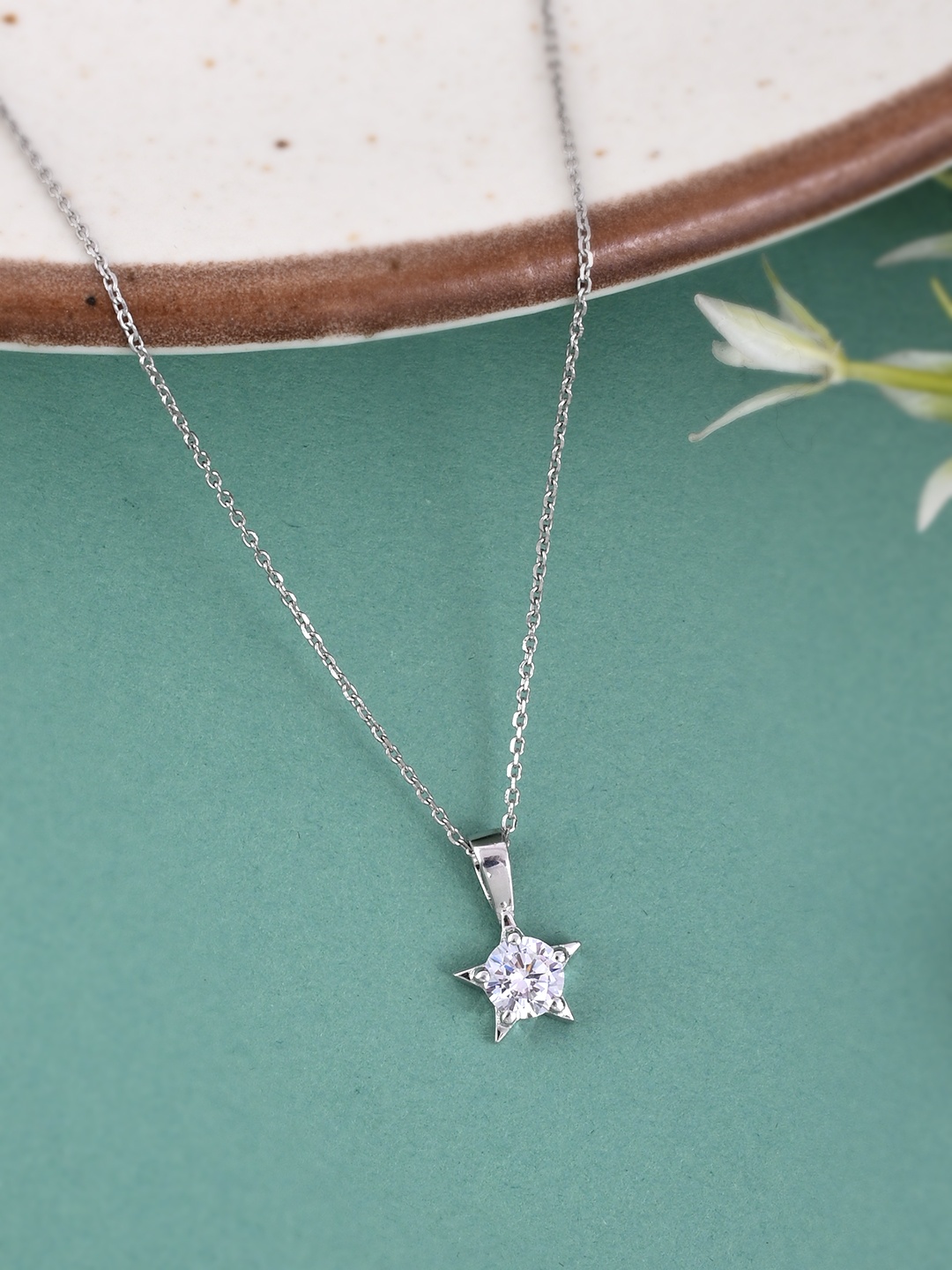 

Studio Voylla 925 Sterling Silver American Diamond CZ Exquisite Star Carved Pendant
