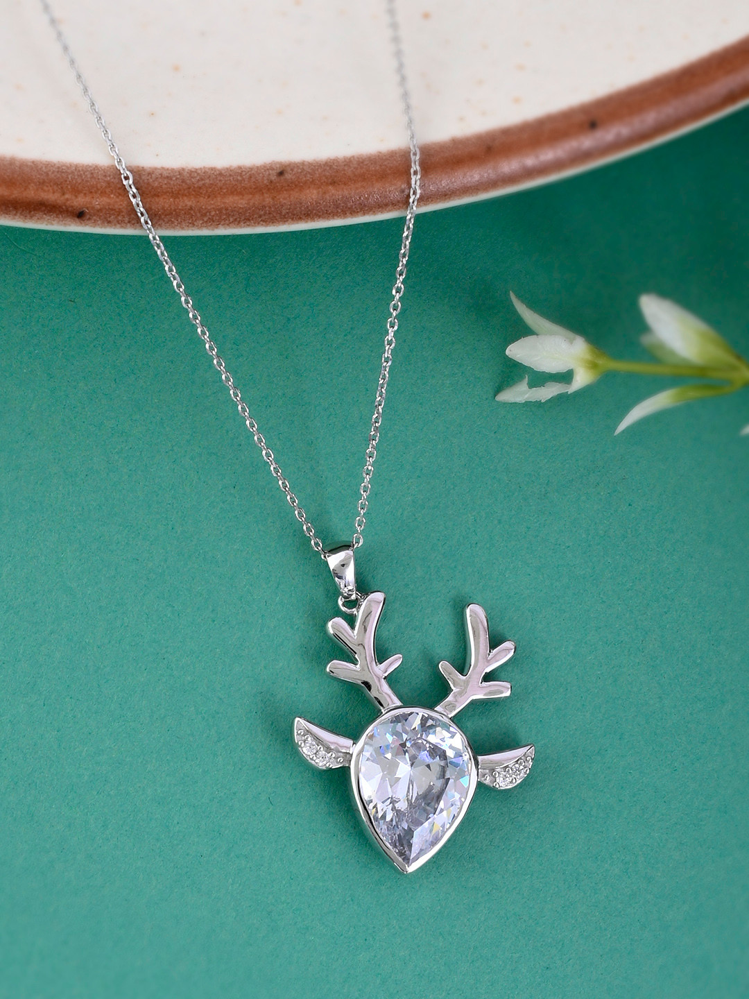 

Studio Voylla 925 Sterling Silver American Diamond CZ Exquisite Deer Carved Pendant