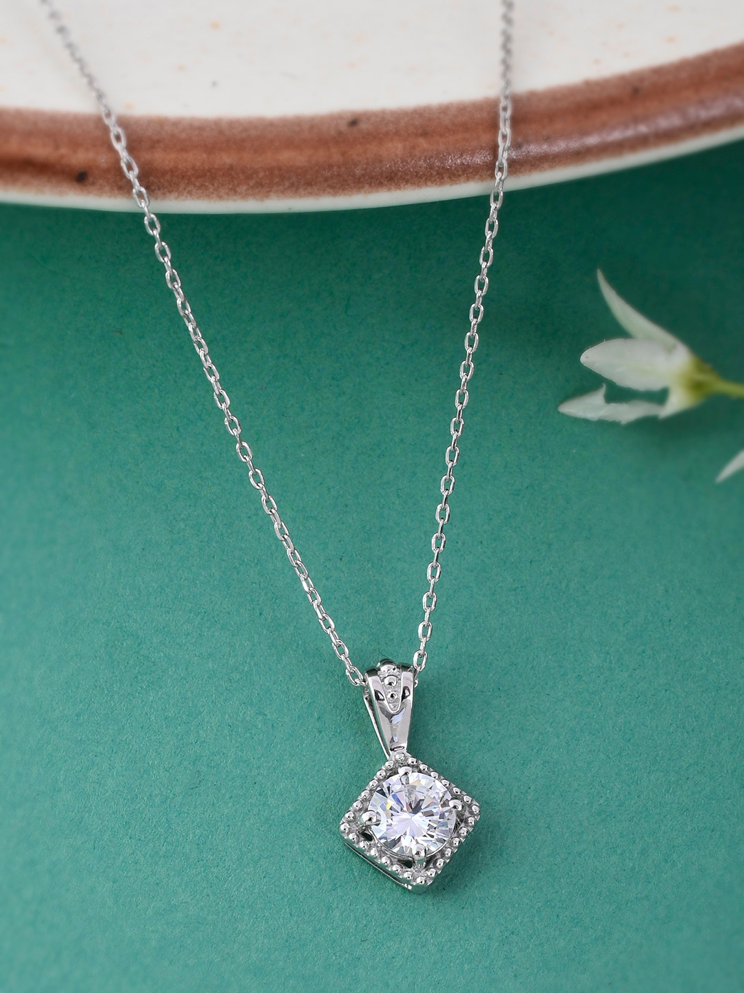 

Studio Voylla 925 Sterling Silver American Diamond Stones Embedded Square Pendant