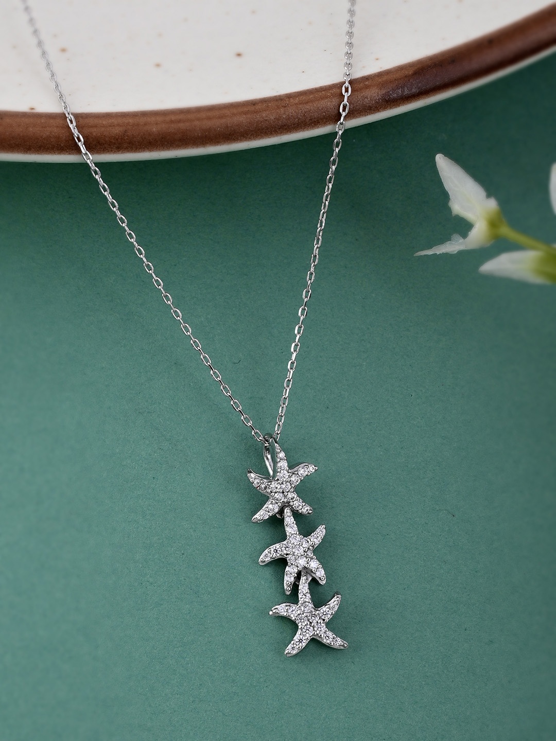 

Studio Voylla 925 Sterling Silver American Diamond CZ Three Stars Pendant