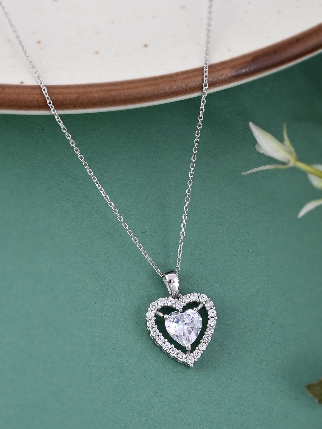 

Studio Voylla 925 Sterling Silver American Diamond CZ White Stone Heart Pendant