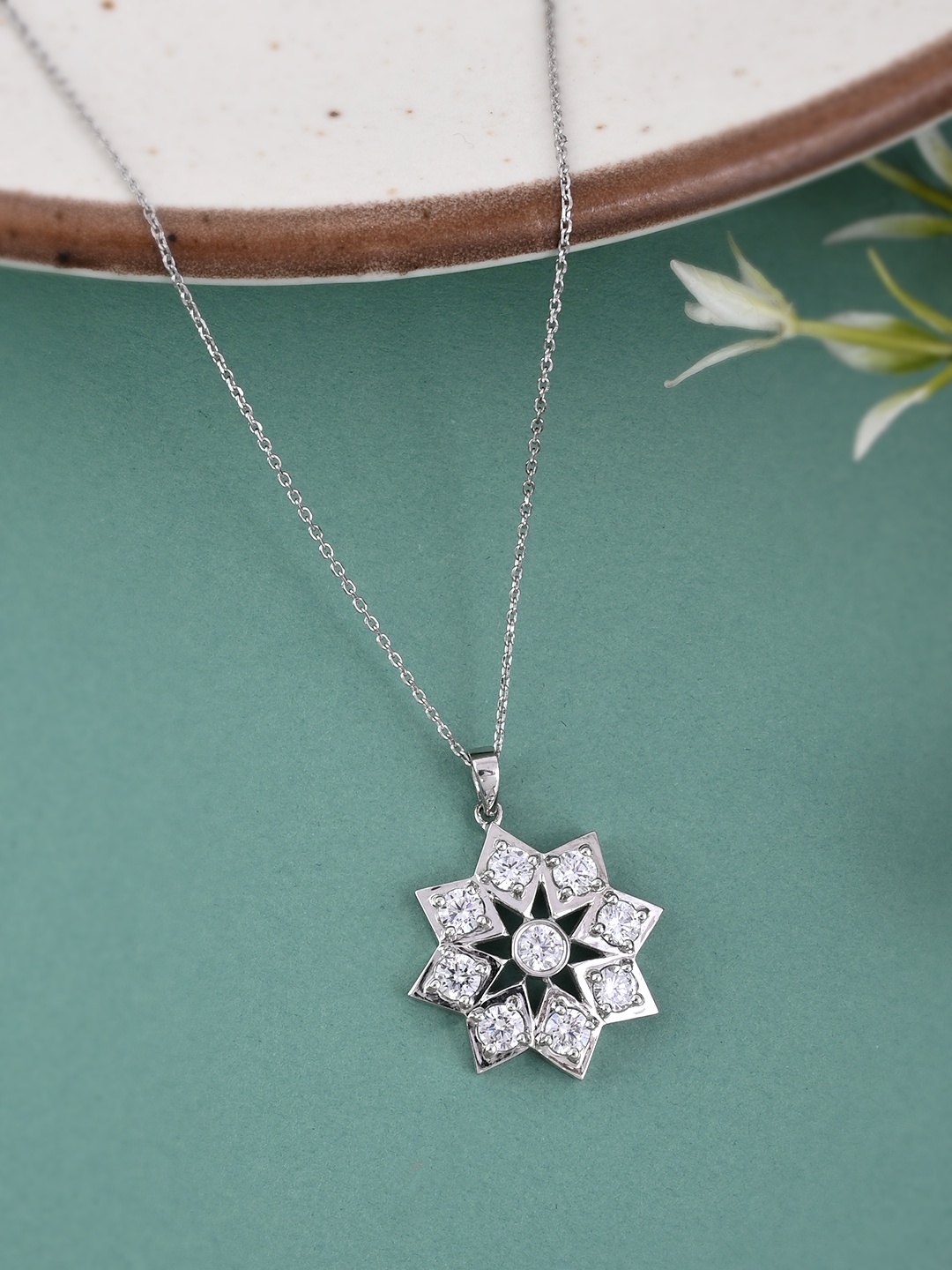 

Studio Voylla 925 Sterling Silver American Diamond CZ Stones Embedded Pendant