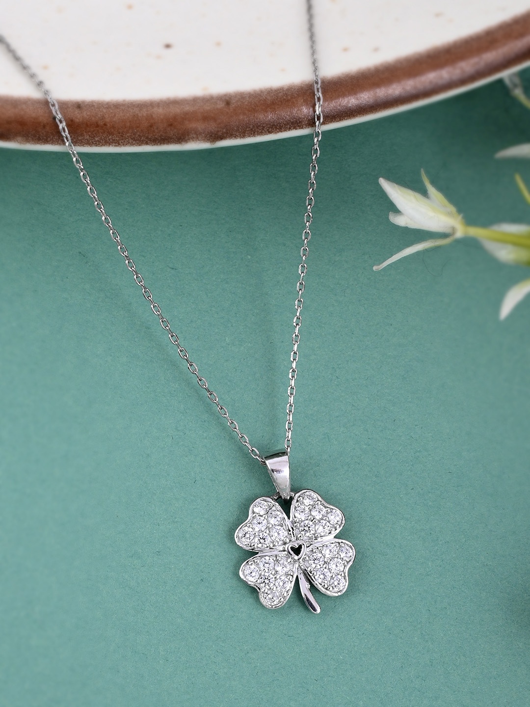 

Studio Voylla 925 Sterling Silver American Diamond CZ Clover Flower Pendant with Chain