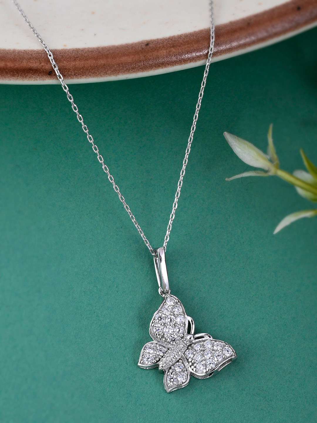 

Studio Voylla 925 Sterling Silver American Diamond CZ Adorned with Butterfly Pendant