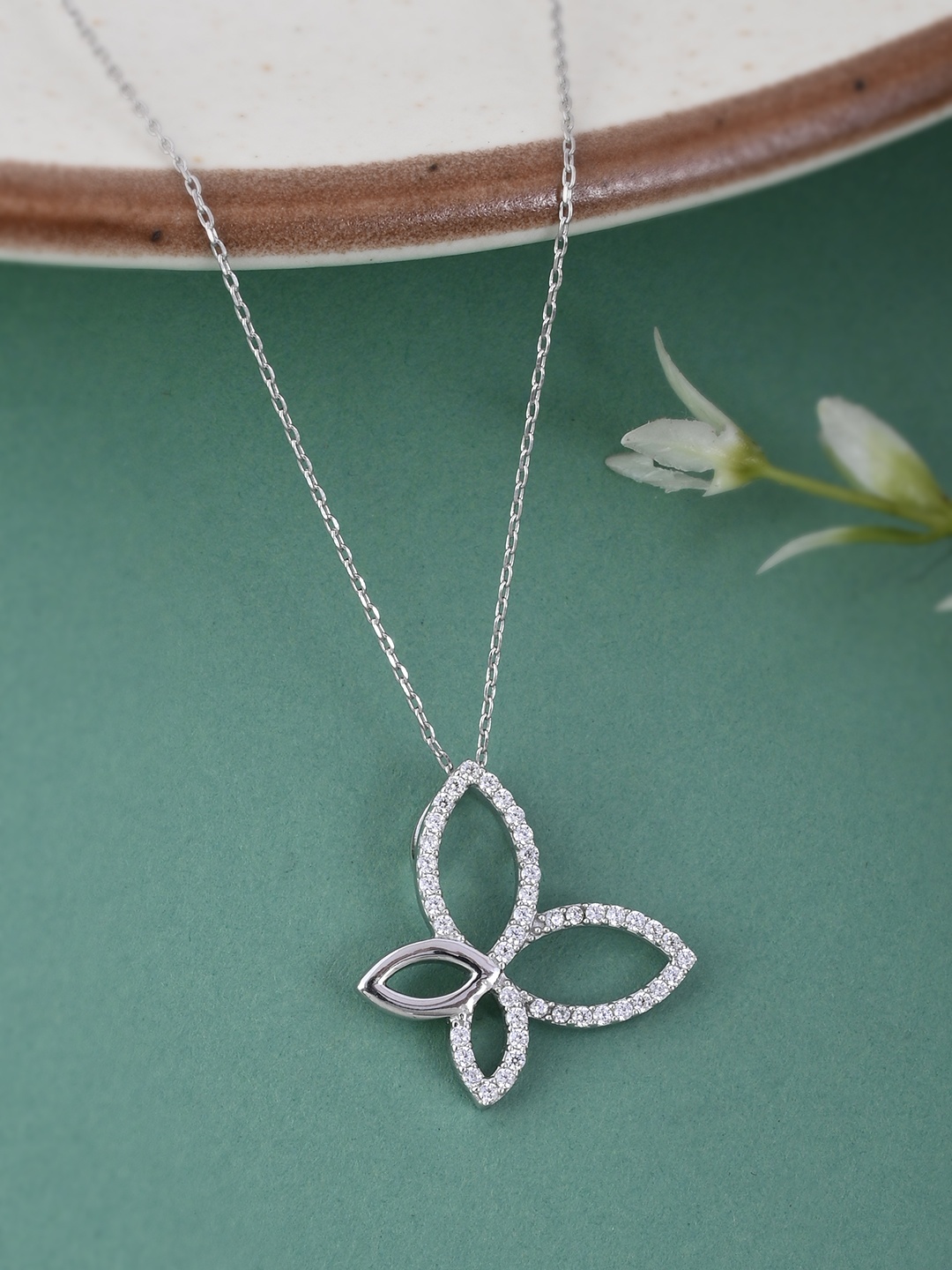 

Studio Voylla 925 Sterling Silver American Diamond CZ Flower Design and Crafted Antique Pendant
