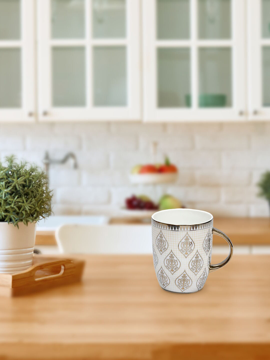 

Athome by Nilkamal White & Gold-Toned Microwave Safe Glossy Printed Ceramic Mug 400 ML