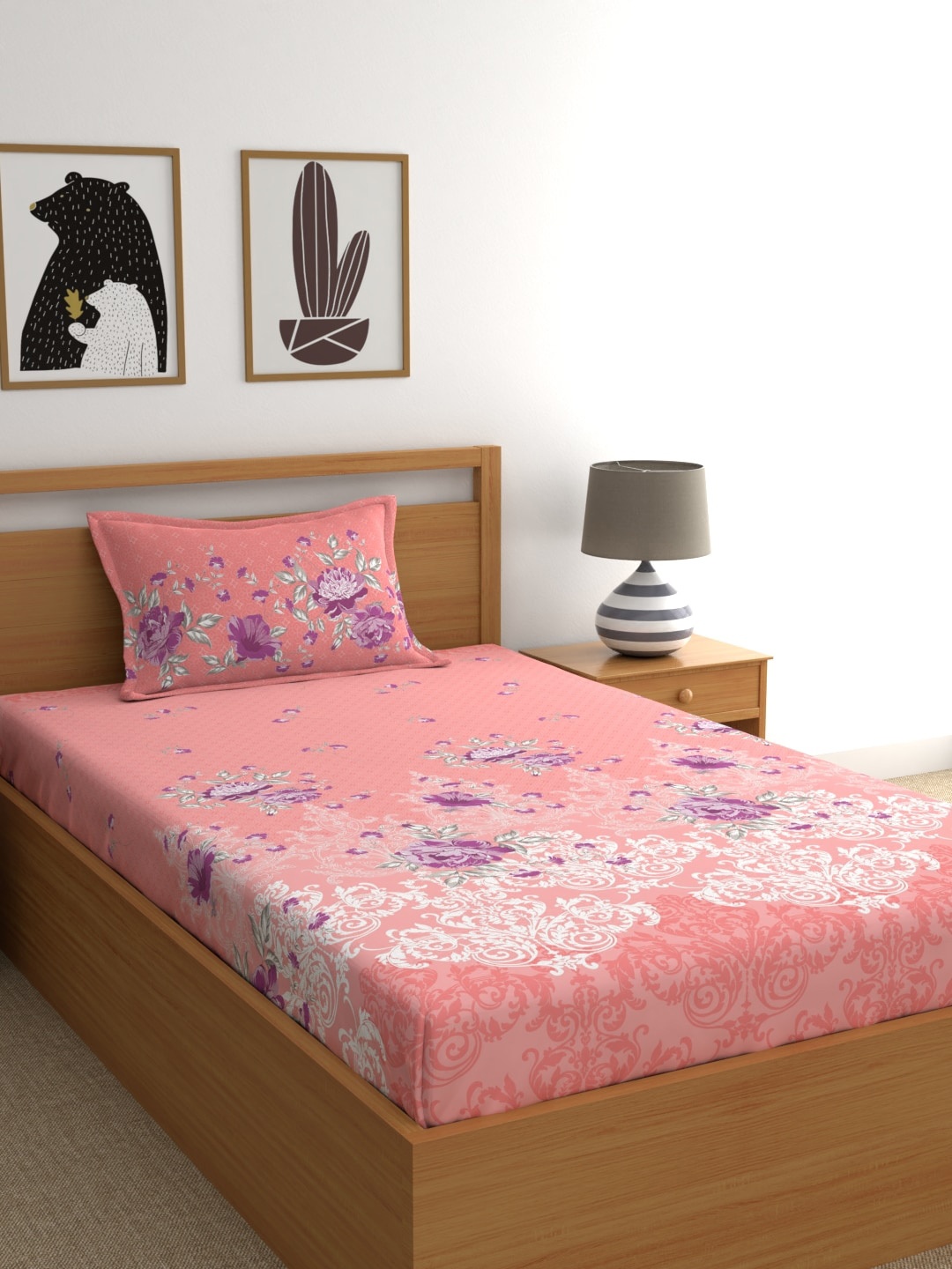 

Dreamscape Pink & White Ethnic Motifs 140 TC Single Bedsheet with 1 Pillow Covers