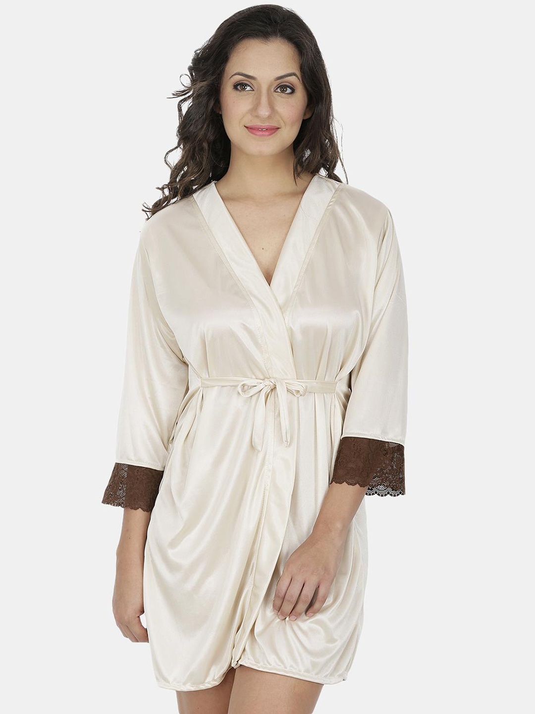 

Klamotten Women Beige Solid Satin Mini Night Robe