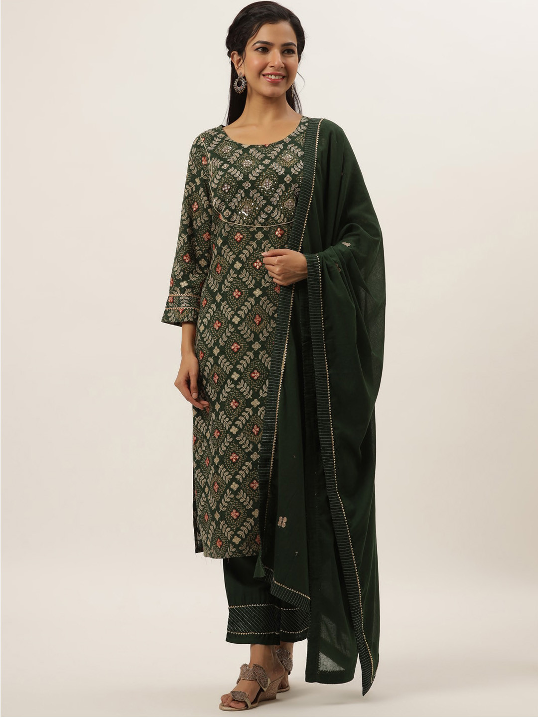 

DIVYANK Women's Embroidered Hand Adda Work Green Straight Kurta Bottom Dupatta Set