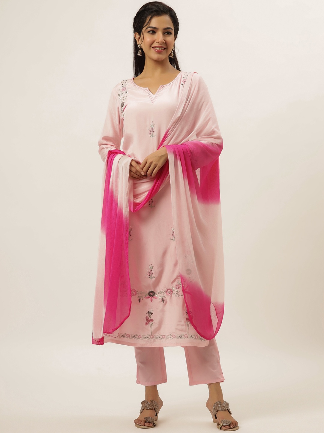 

DIVYANK Women Pink Floral Embroidered Kurta with Trousers & Dupatta