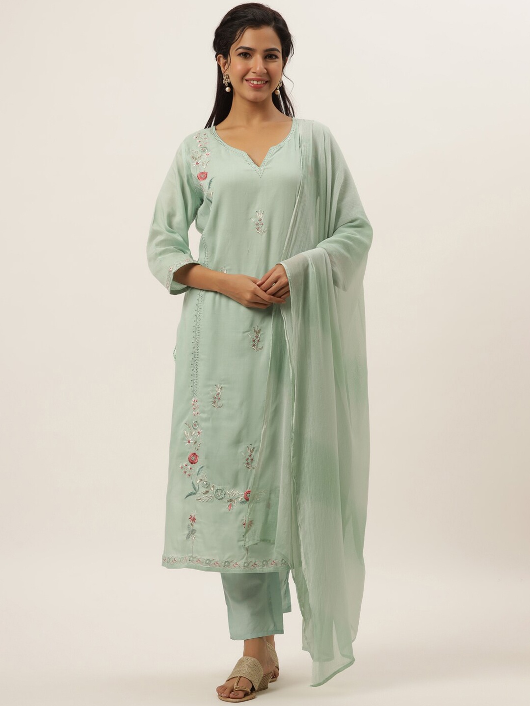 

DIVYANK Women Green Floral Embroidered Empire Kurti with Trousers & With Dupatta