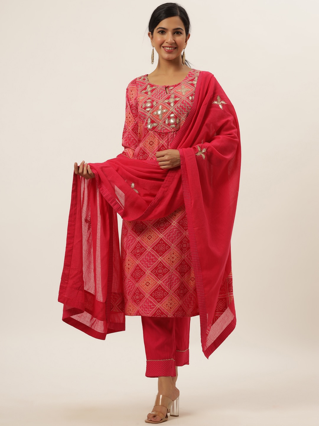 

DIVYANK Women Pink Floral Embroidered Kurta with Trousers & With Dupatta