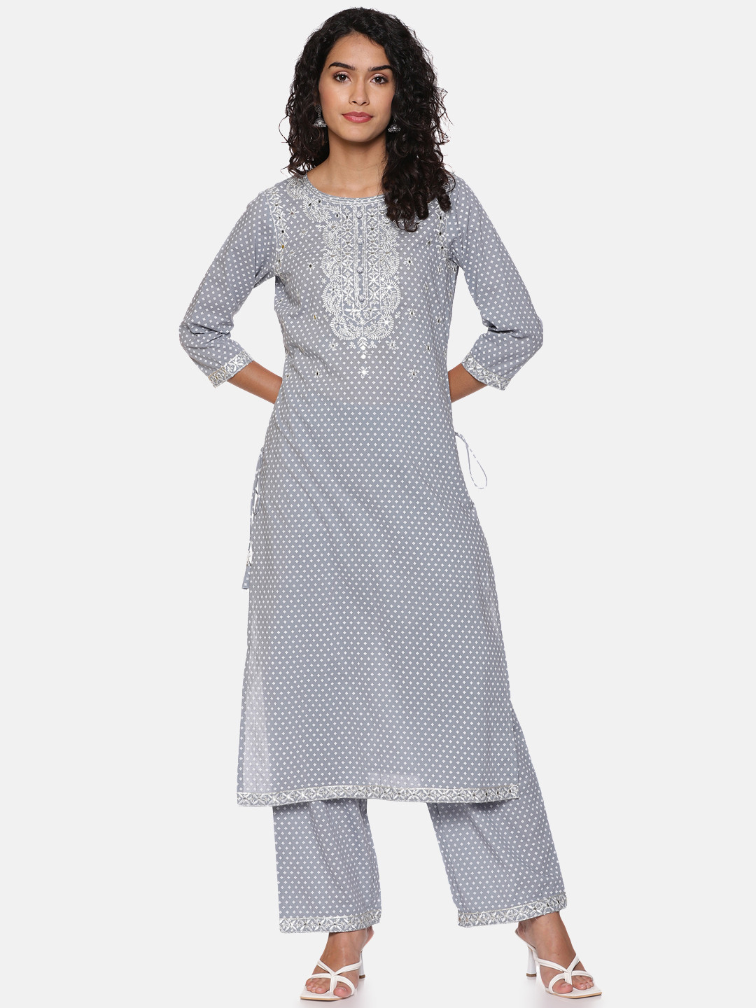 

Palakh Women Grey Embroidered Mirror Work Pure Cotton Kurta with Palazzo