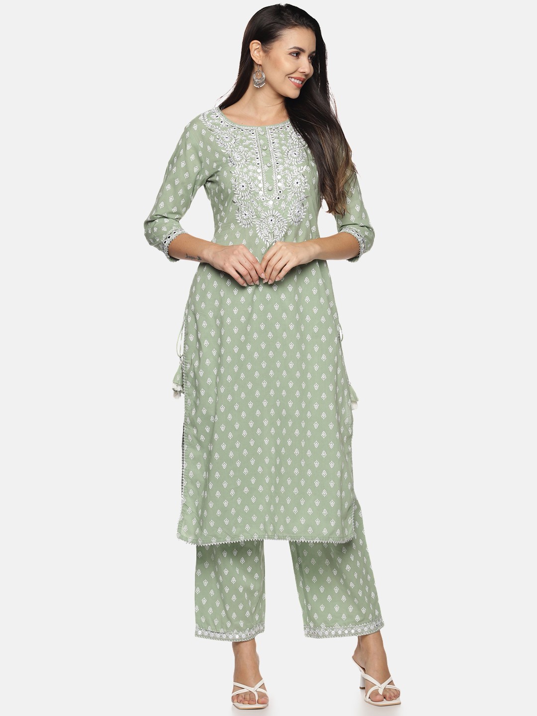 

Palakh Women Green Printed Mirror Work Pure Cotton Kurta with Palazzos