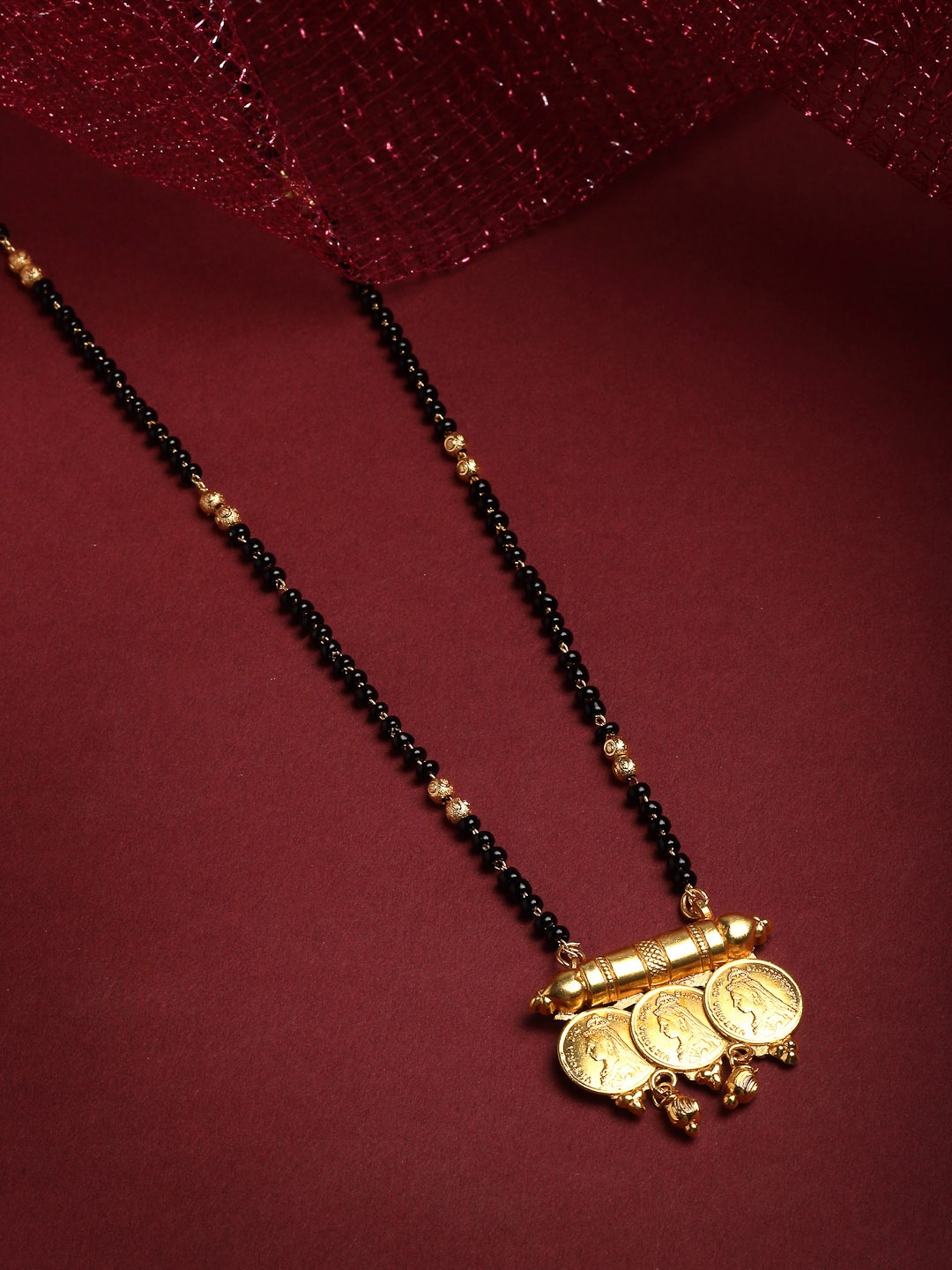 

PANASH Gold-Plated & Black Beaded Coin Mangalsutra