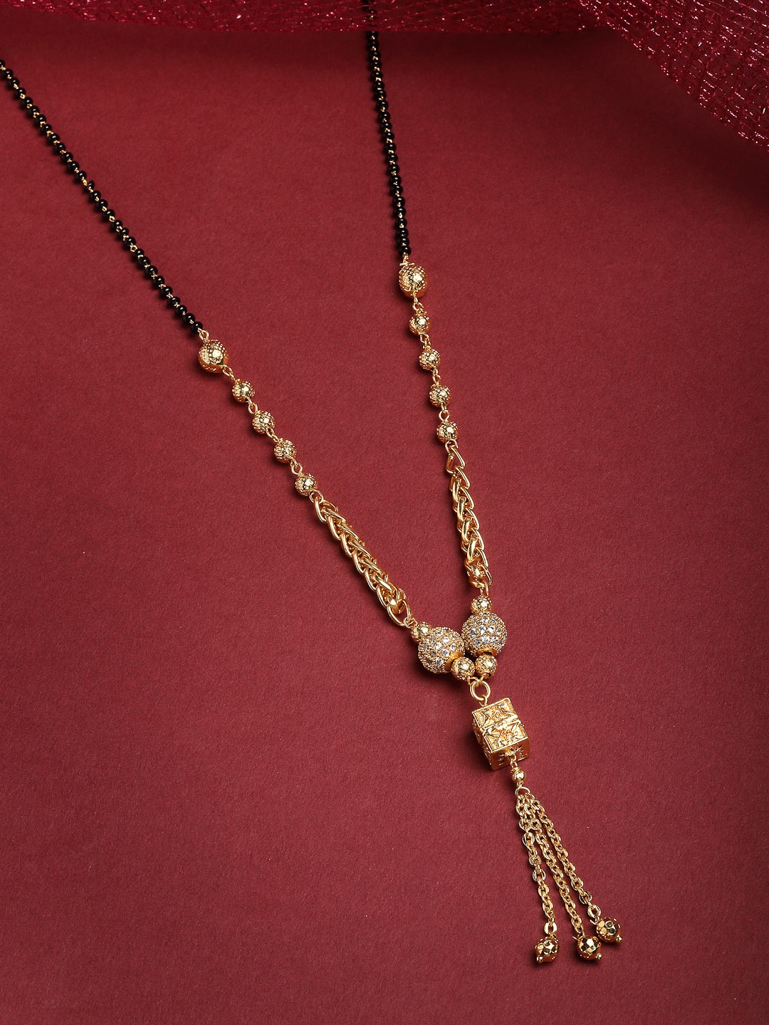 

PANASH Gold-Plated Black & White CZ-Studded Beaded Mangalsutra