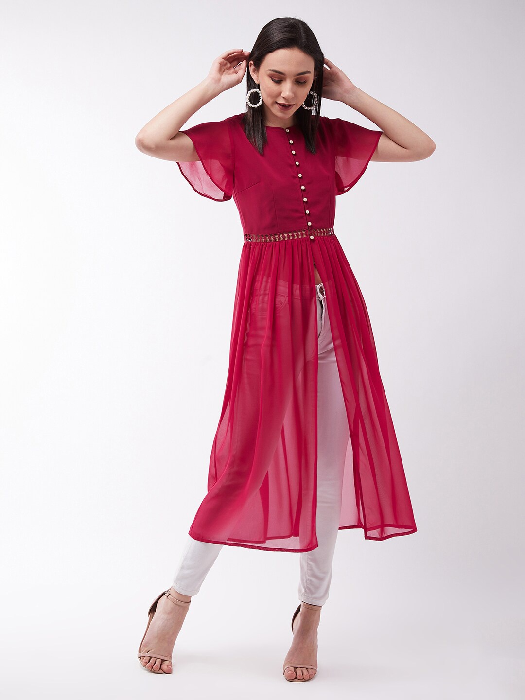 

Miss Chase Women Pink Solid Georgette Longline Top