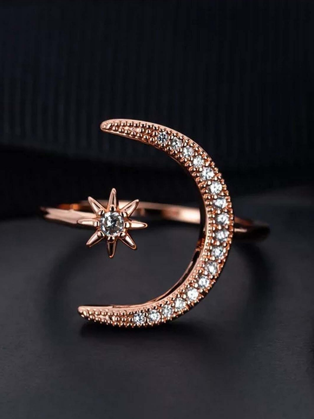 

UNIVERSITY TRENDZ Rose Gold-Plated White CZ-Studded Star & Moon Charm Open Finger Ring