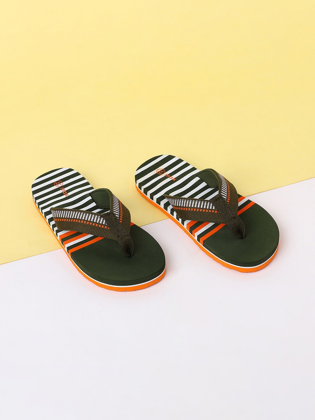 

max Boys Green & Orange Striped Rubber Room Slippers