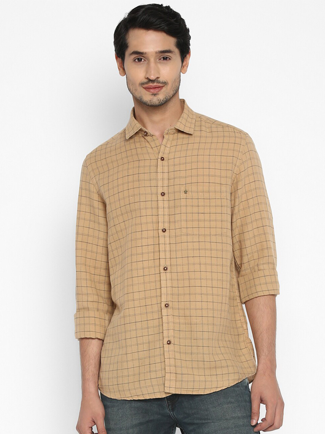 

Turtle Men Khaki Slim Fit Checked Linen Cotton Casual Shirt