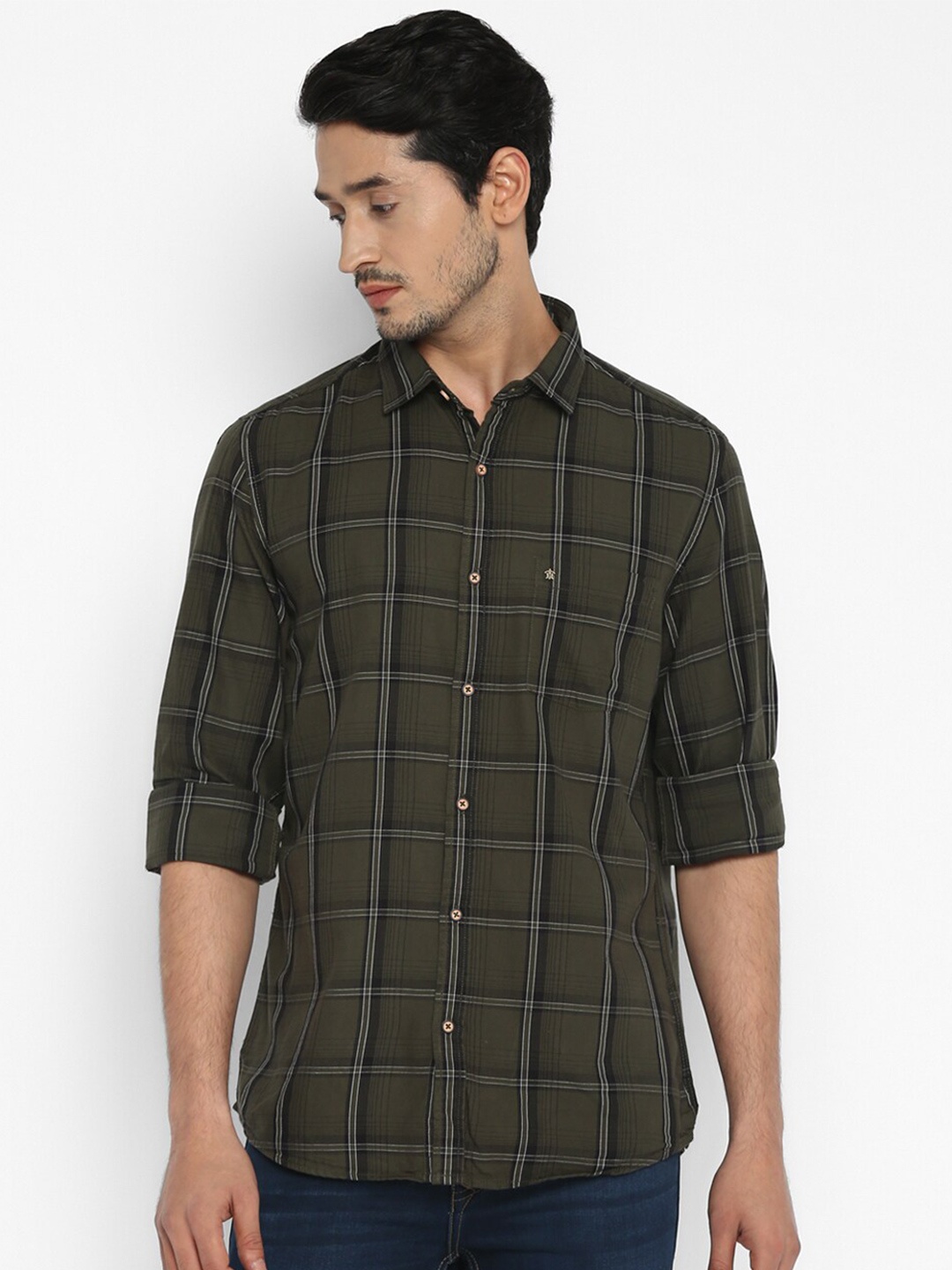 

Turtle Men Olive Green Slim Fit Windowpane Checked Pure Cotton Casual Shirt