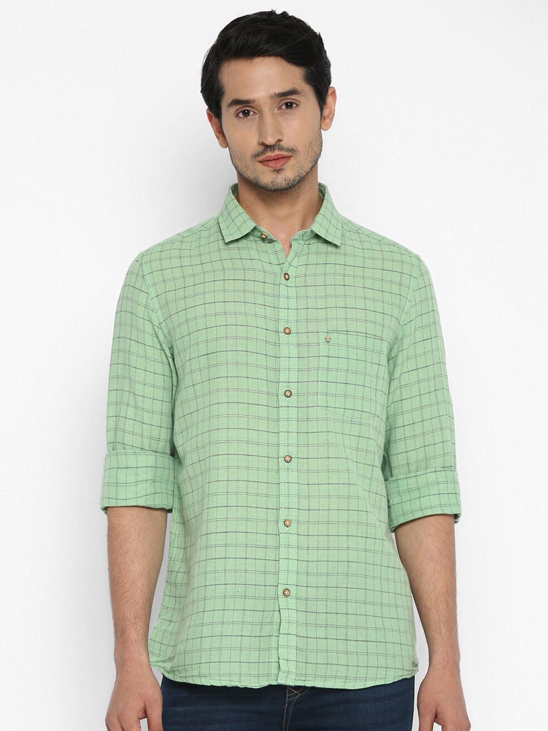 

Turtle Men Green Slim Fit Checked Linen Cotton Casual Shirt