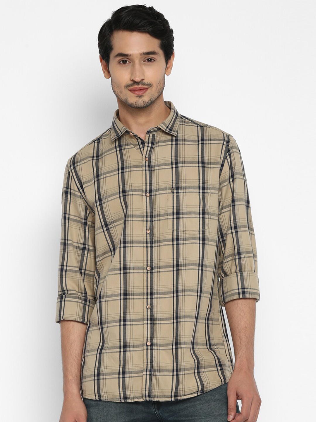 

Turtle Men Grey & Beige Slim Fit Tartan Checked Pure Cotton Casual Shirt