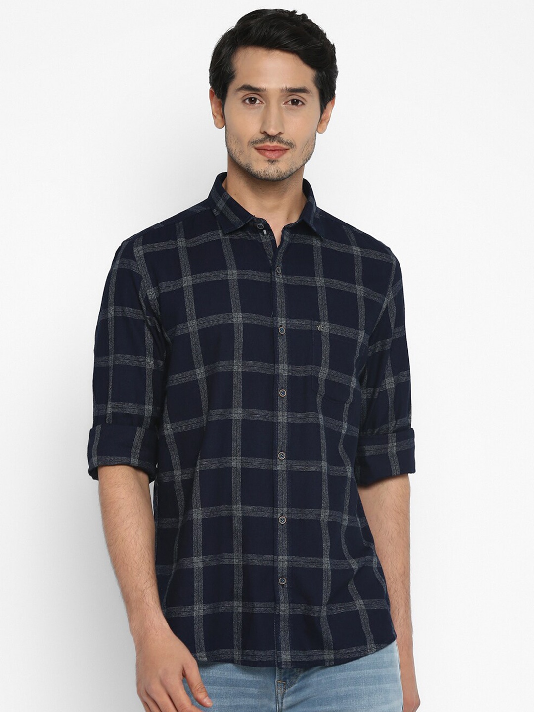 

Turtle Men Navy Blue Slim Fit Windowpane Checked Pure Cotton Casual Shirt