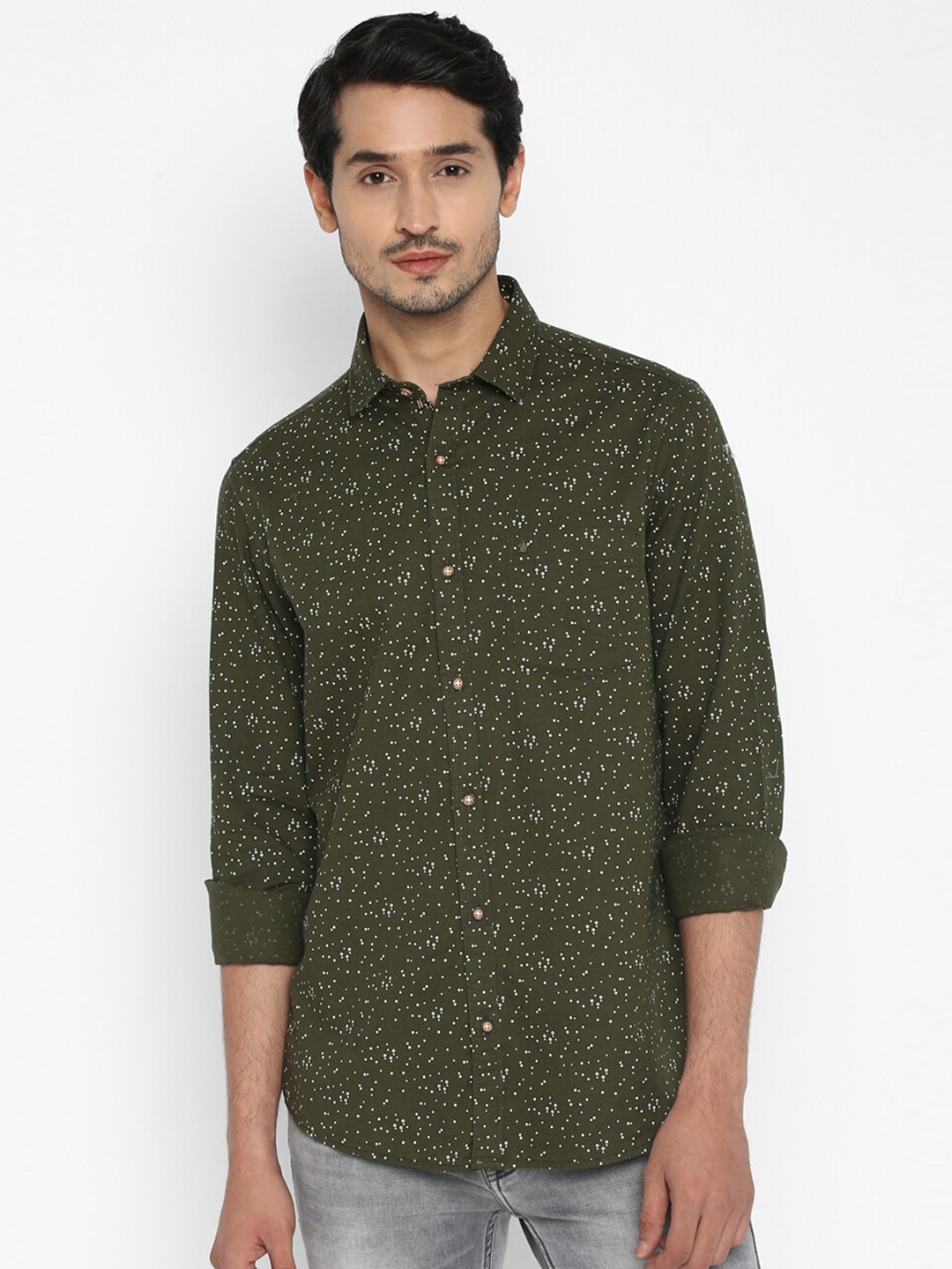 

Turtle Men Olive Green Slim Fit Printed Linen Cotton Casual Shirt
