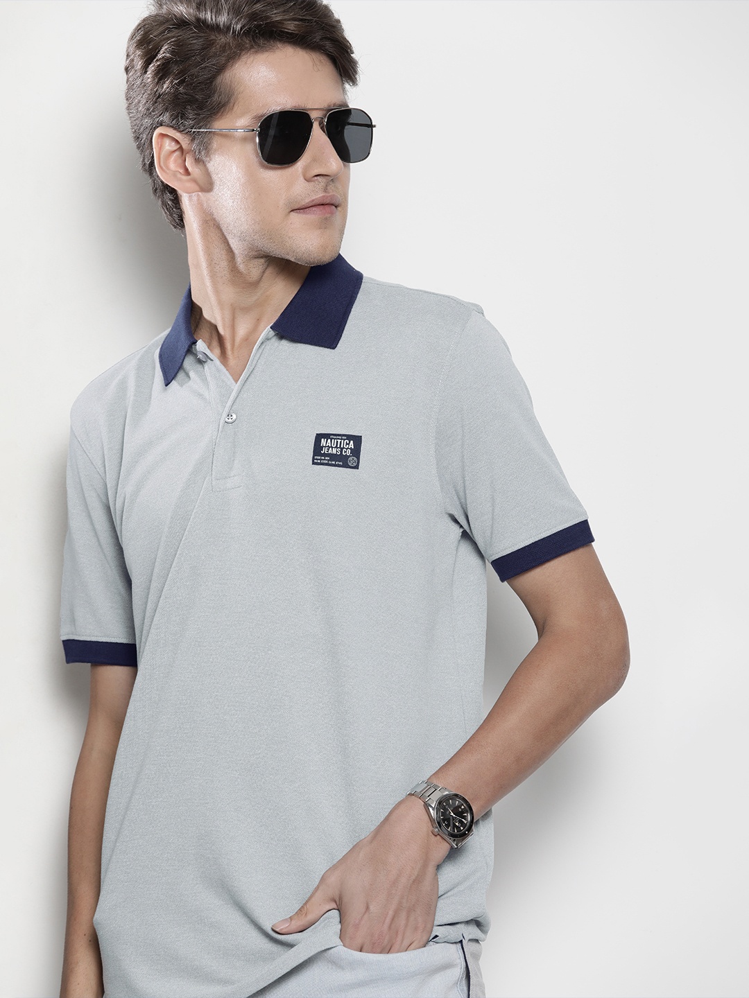 

Nautica Men Grey Polo Collar T-shirt