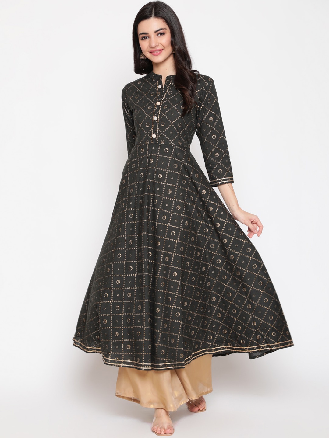 

WOMENCLICK Women Black Geometric Printed Cotton Anarkali Kurta