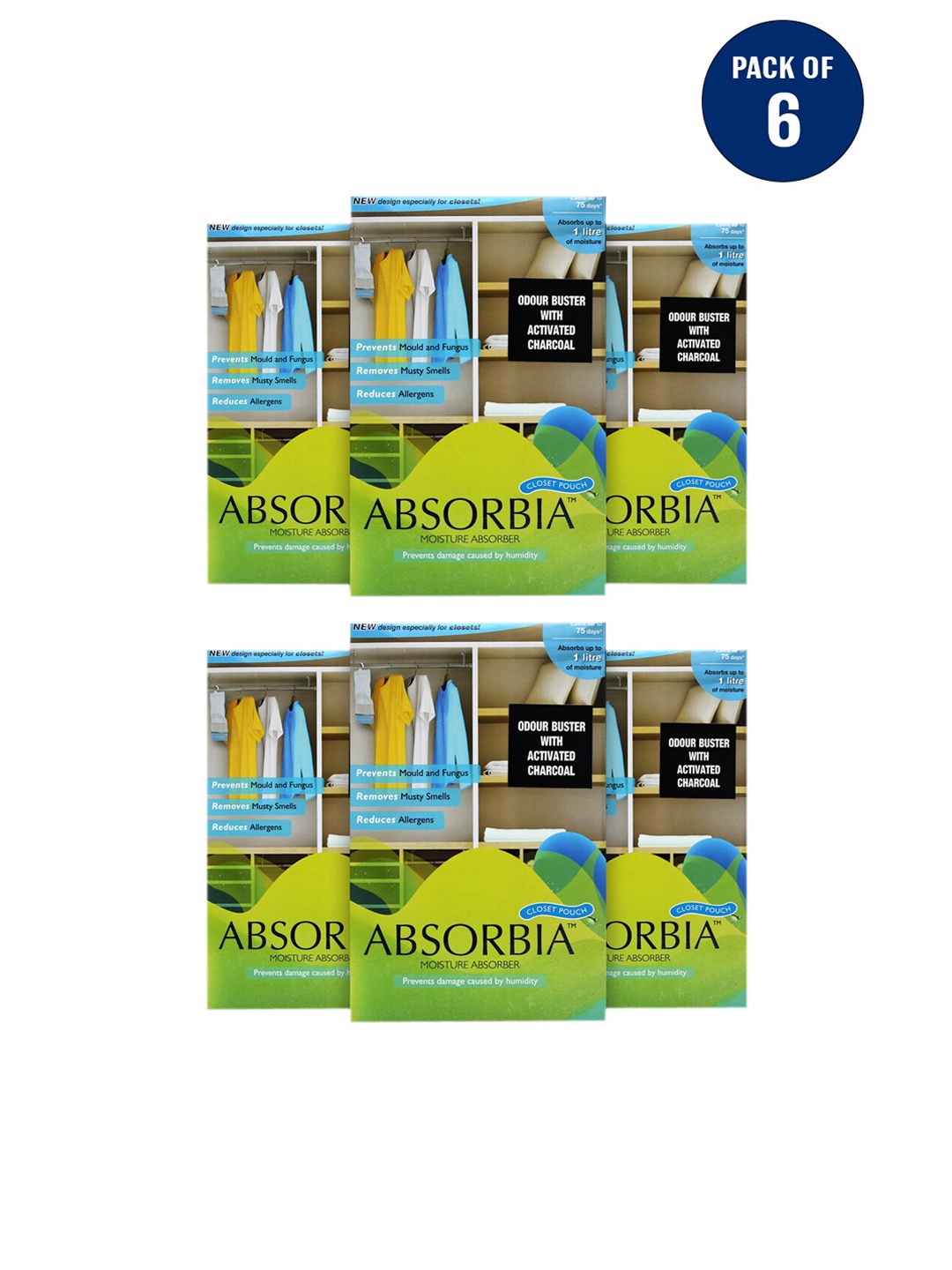 

Absorbia Green Pack of 6 Moisture Absorber Hanging Pouch with Activated Charcoal