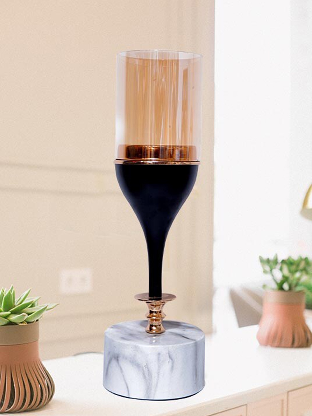 

THE WHITE INK DECOR Gold-Colored & Black Printed Candle Holders