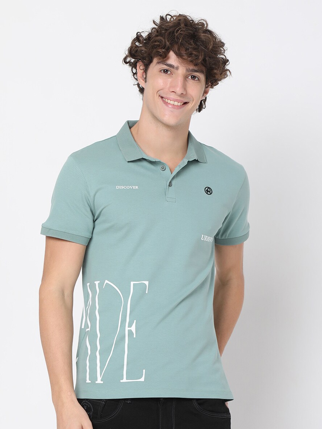 

Rex Straut Jeans Men Turquoise Blue Typography Printed Polo Collar Applique Slim Fit T-shirt