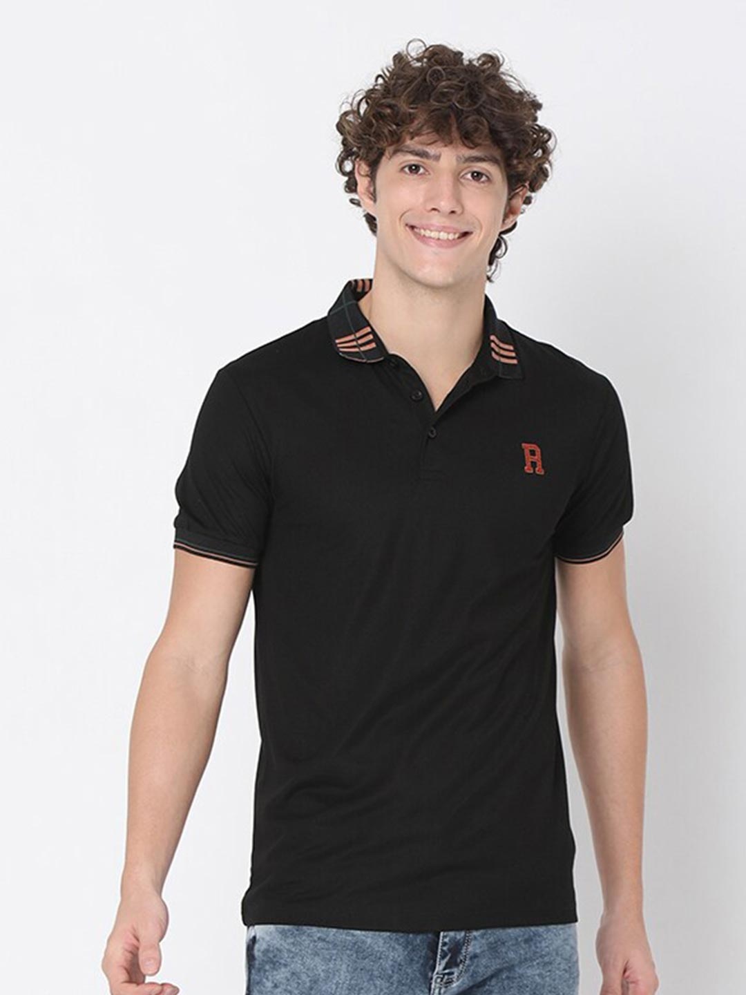 

Rex Straut Jeans Men Black Polo Collar Slim Fit T-shirt
