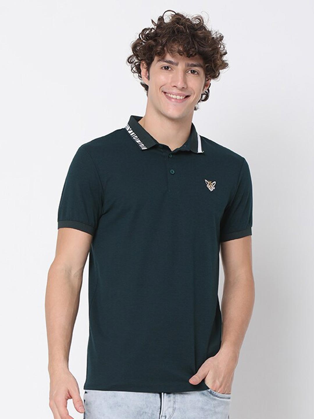 

Rex Straut Jeans Men Green Polo Collar Slim Fit T-shirt