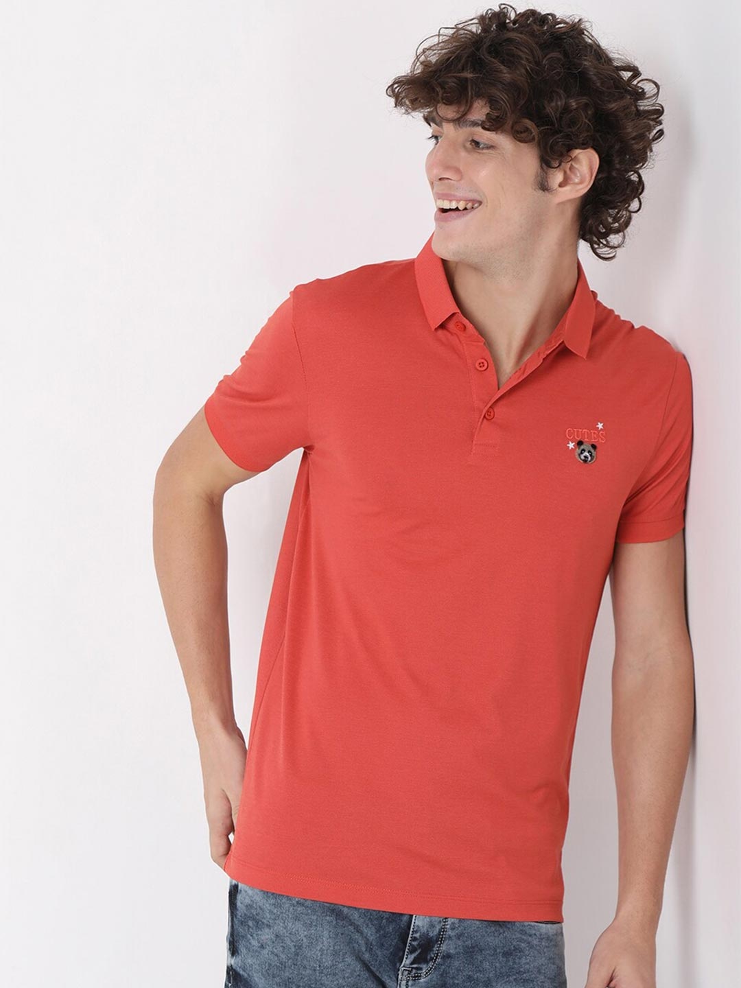 

Rex Straut Jeans Men Red Polo Collar Extended Sleeves Slim Fit T-shirt
