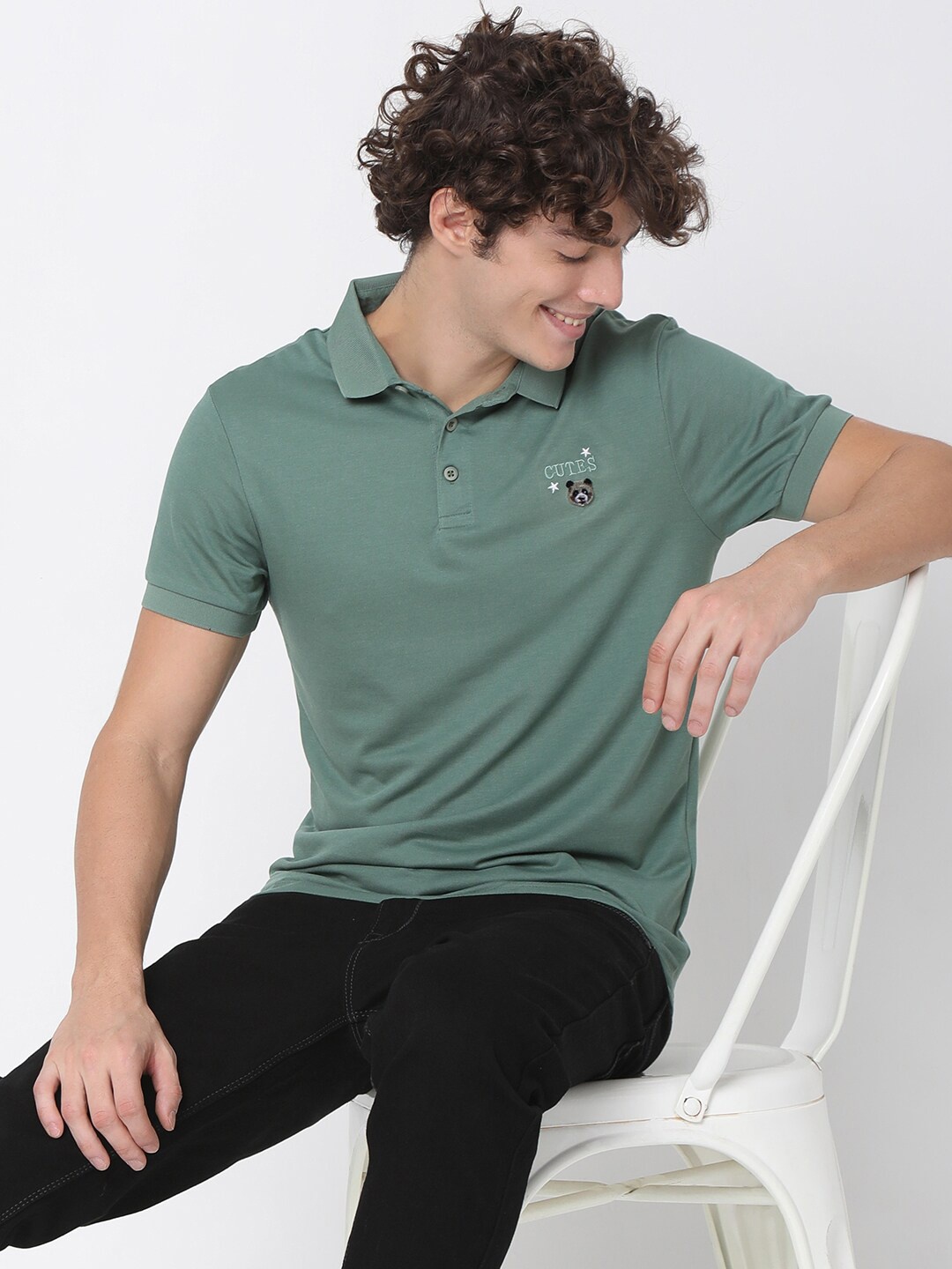 

Rex Straut Jeans Men Green Polo Collar Slim Fit T-shirt