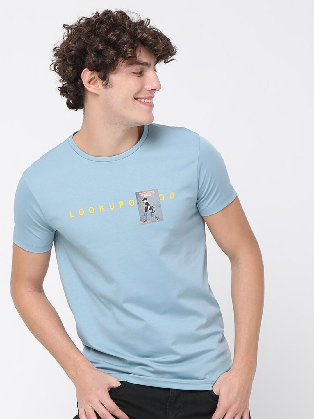 

Rex Straut Jeans Men Sky Blue Typography Printed Slim Fit T-shirt