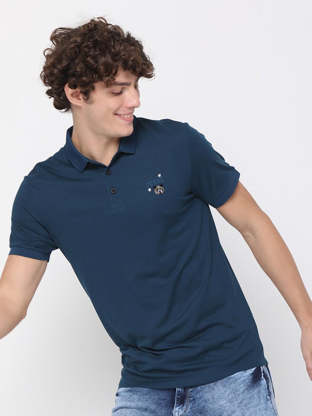 

Rex Straut Jeans Men Navy Blue Polo Collar Slim Fit T-shirt