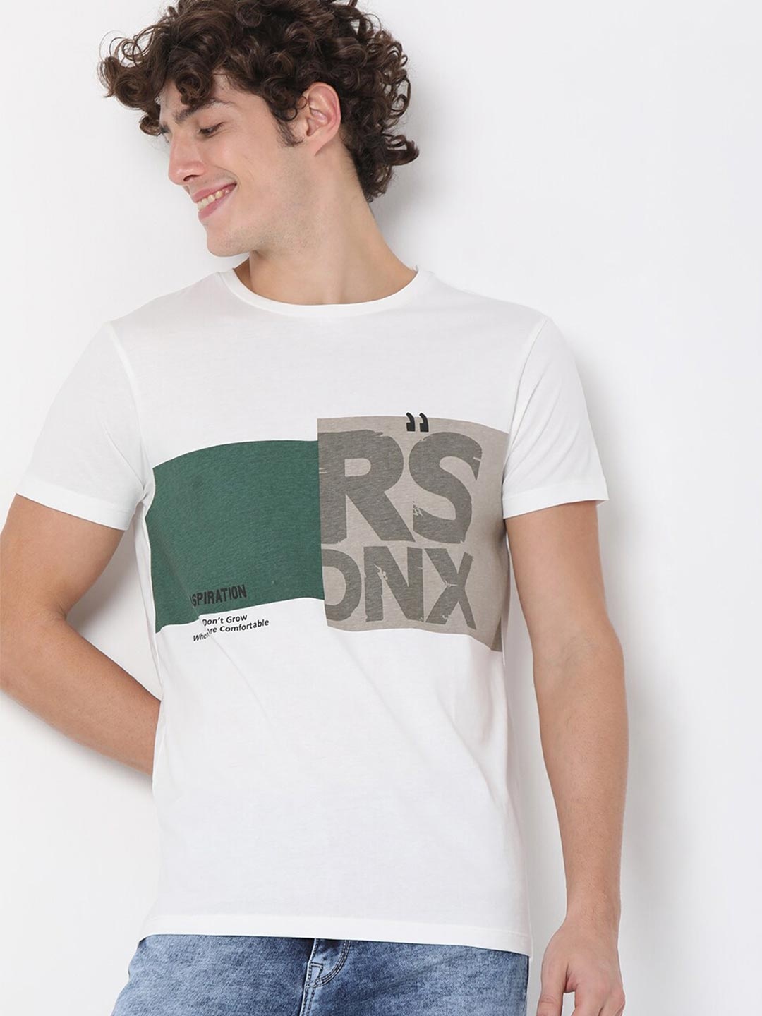 

Rex Straut Jeans Men White Typography Printed Slim Fit T-shirt
