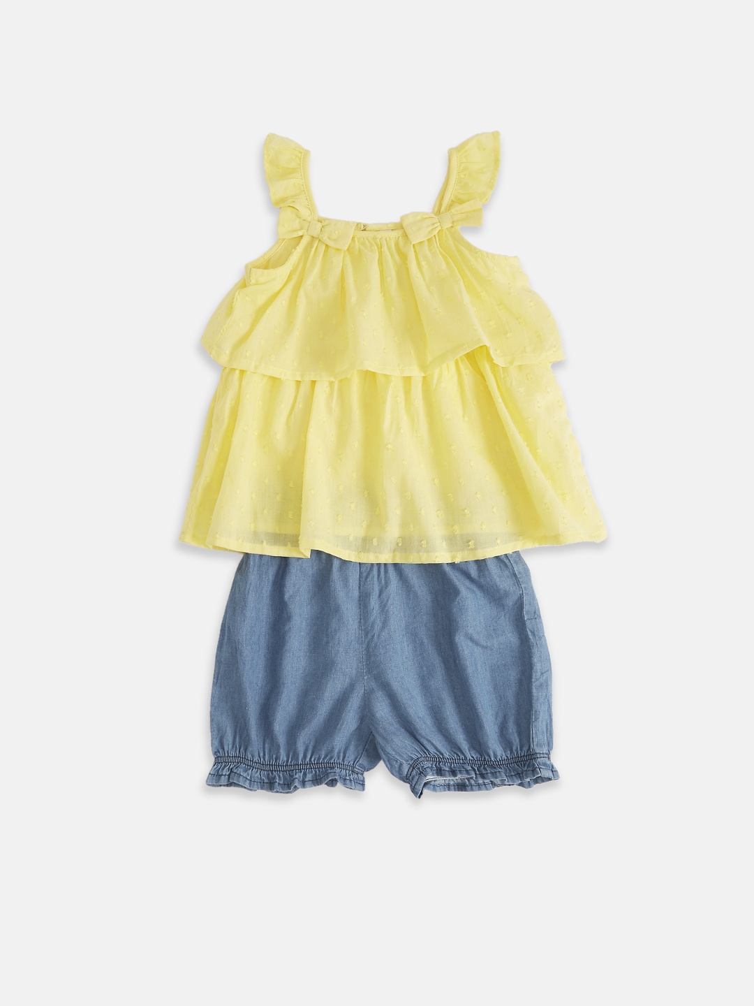 

Pantaloons Baby Girls Solid Pure Cotton Yellow & Blue Top with Shorts