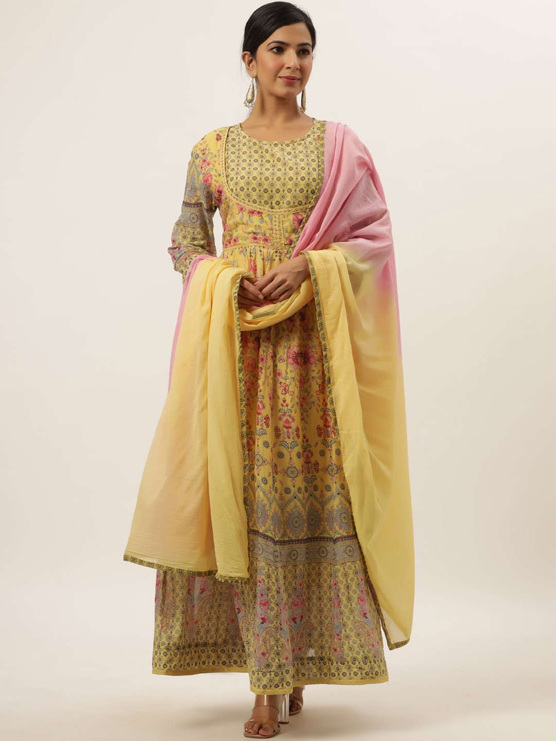 

DIVYANK Women Yellow & Pink Floral Printed Anarkali Kurta With Dupatta