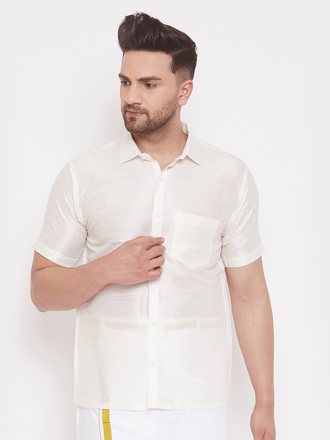 

VASTRAMAY Men Cream-Coloured Solid Premium Ethnic Shirt