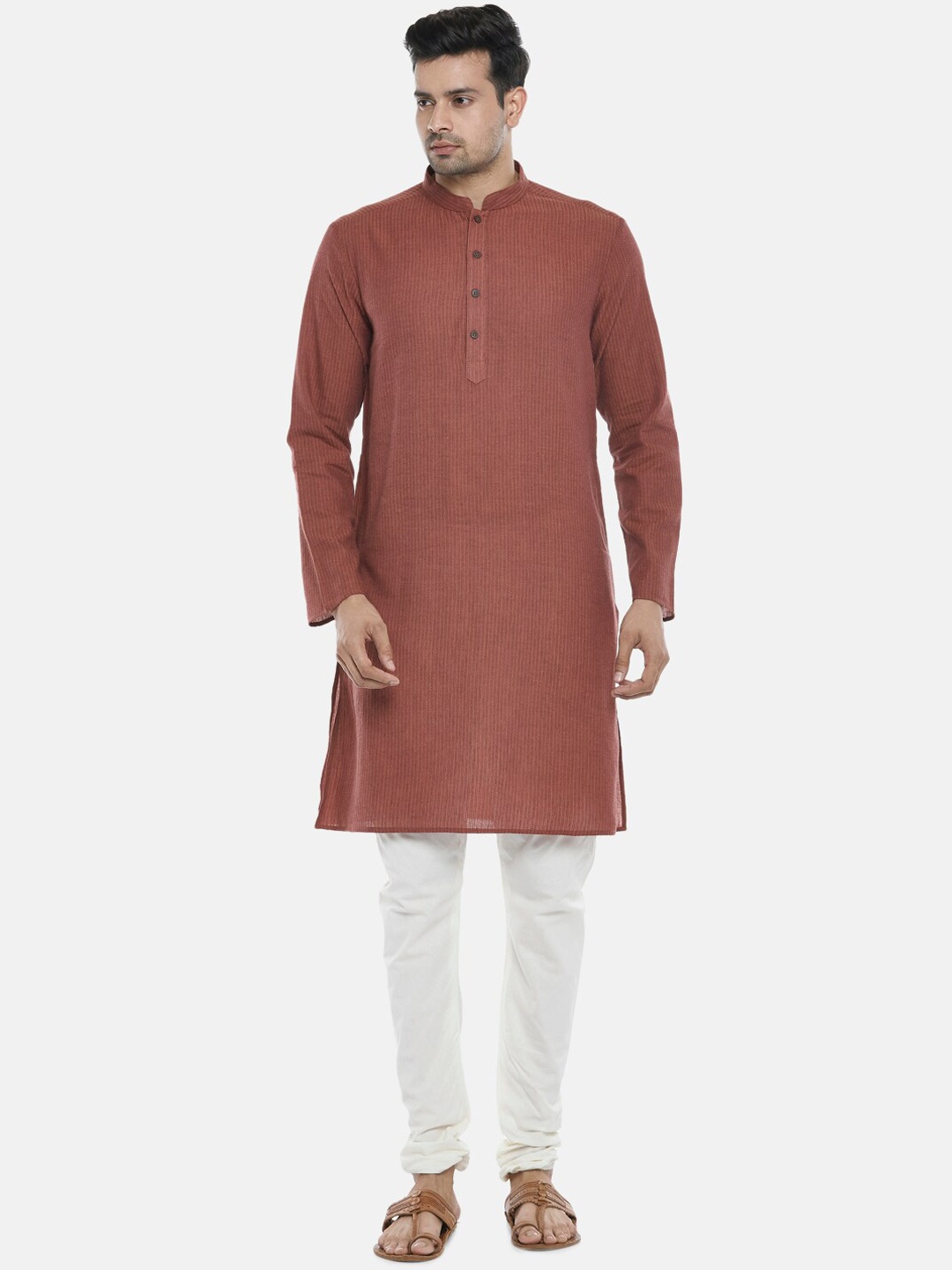 

indus route by Pantaloons Men Rust Brown Striped Dobby Kurta