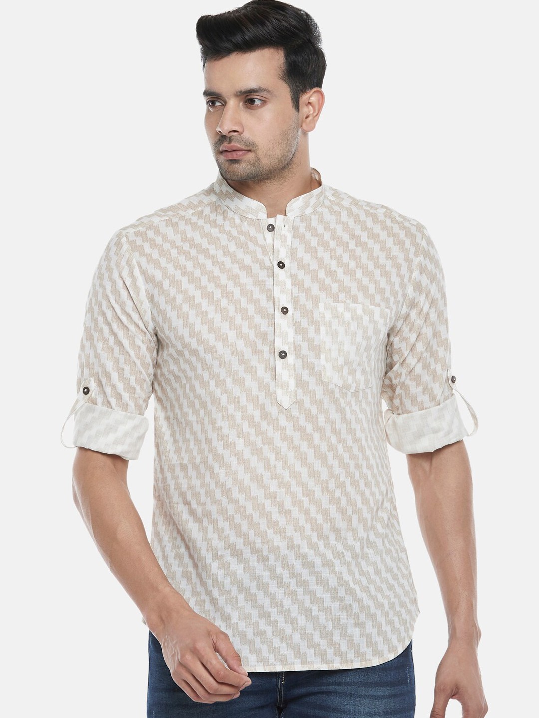 

indus route by Pantaloons Men Beige & White Ethnic Motifs Kurta
