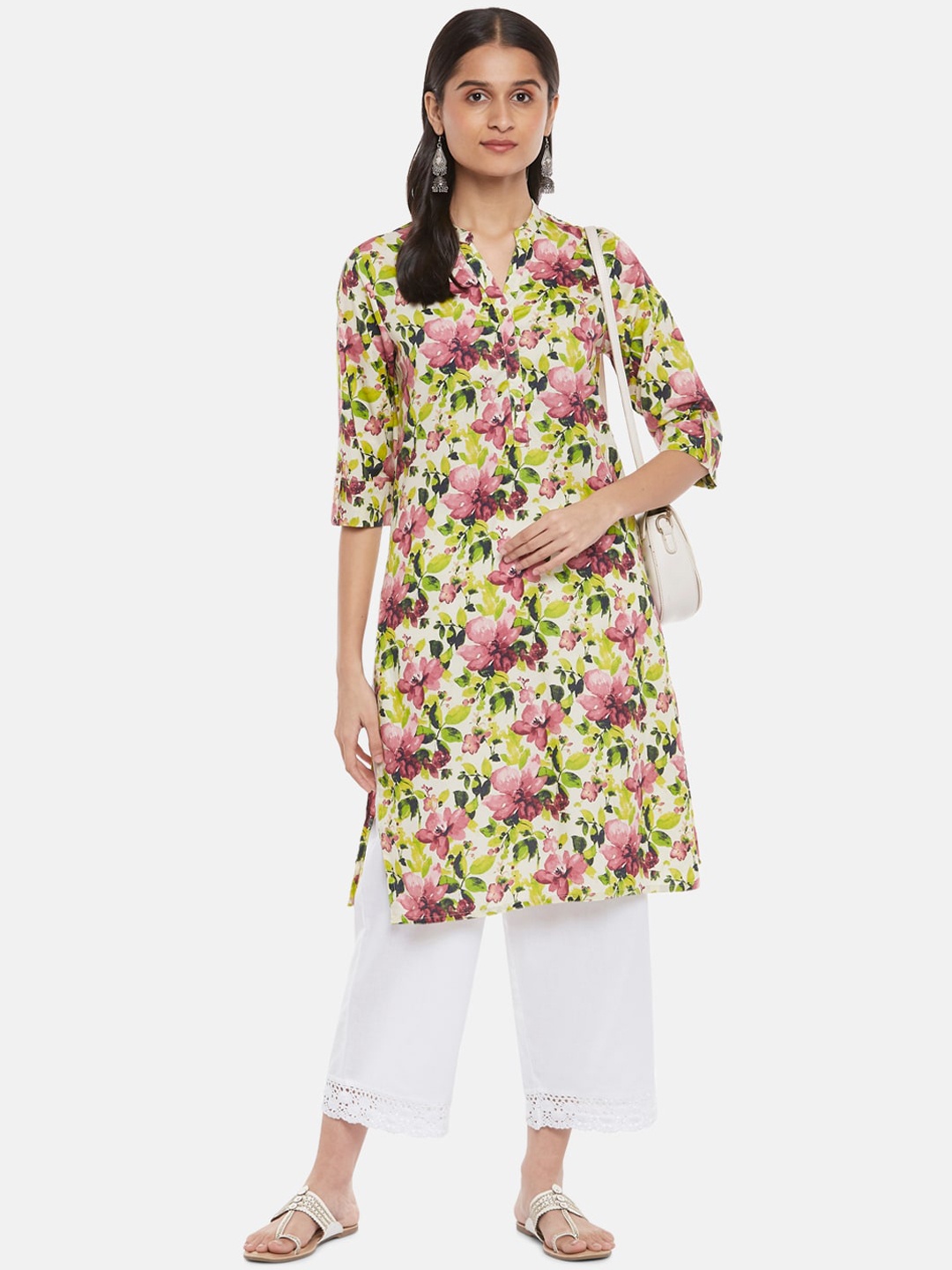 

RANGMANCH BY PANTALOONS Women Pink & Green Floral Printed Kurta