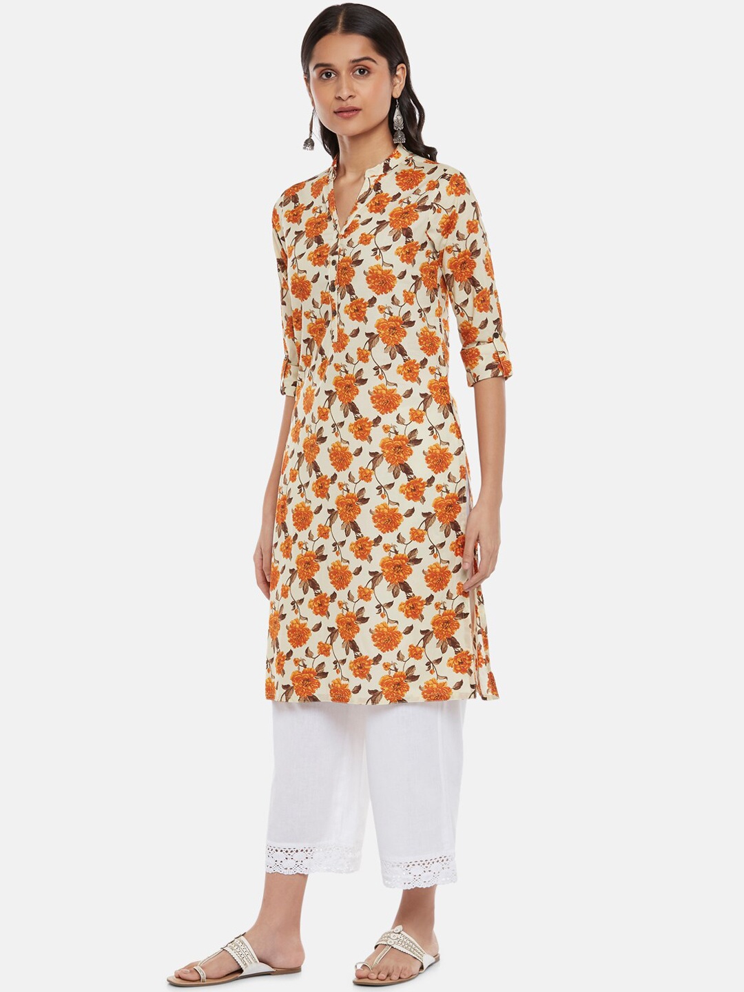 

RANGMANCH BY PANTALOONS Women Off White & Orange Floral Printed Kurta