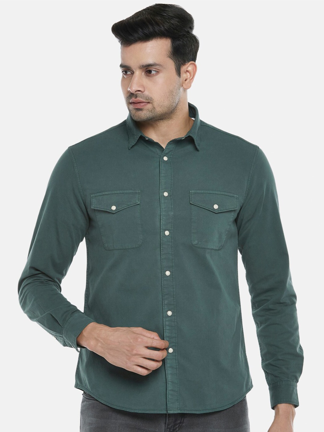 

People Men Olive Green Slim Fit Casual Shirt