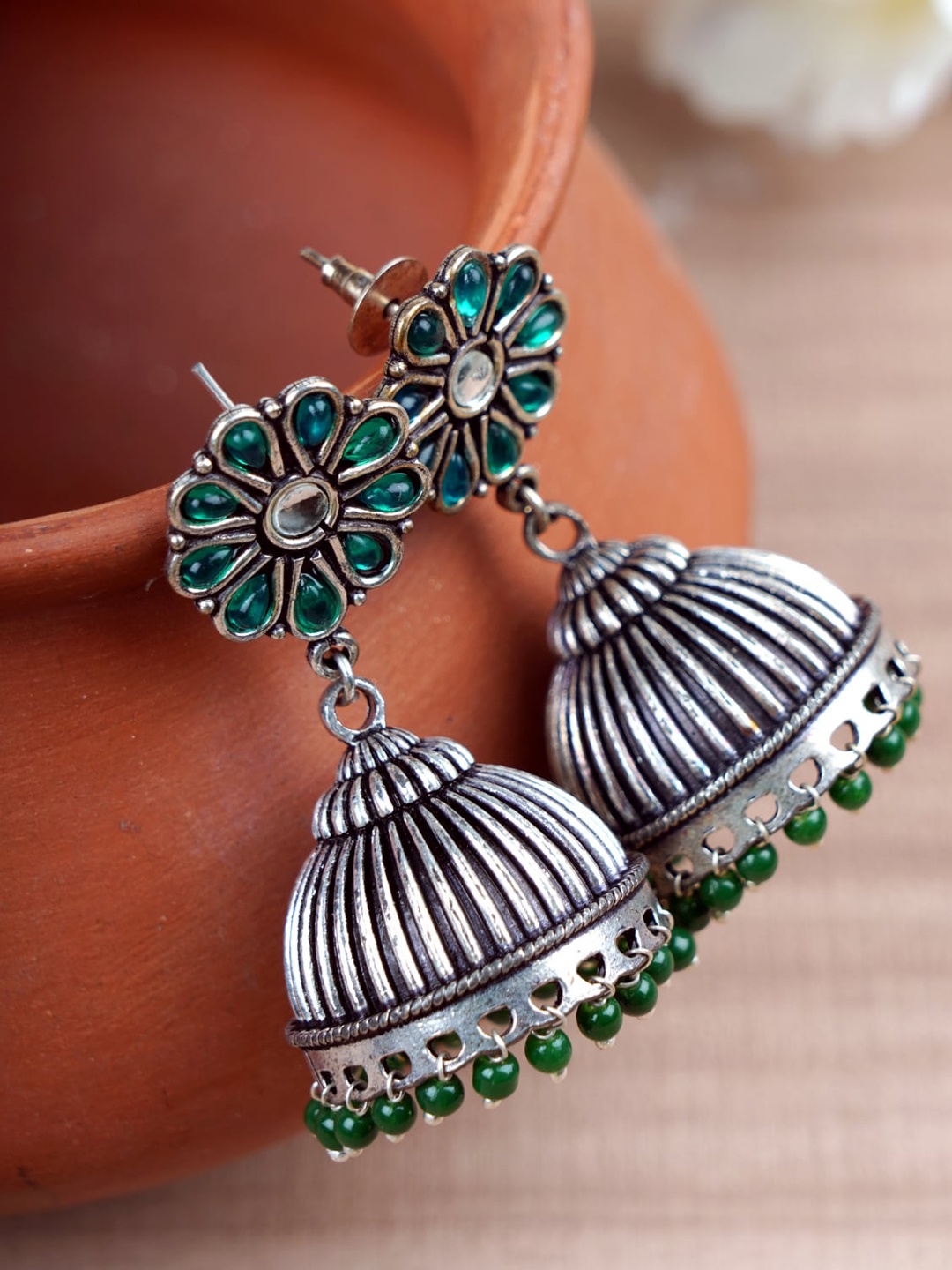 

FIROZA Green Dome Shaped Jhumkas Earrings
